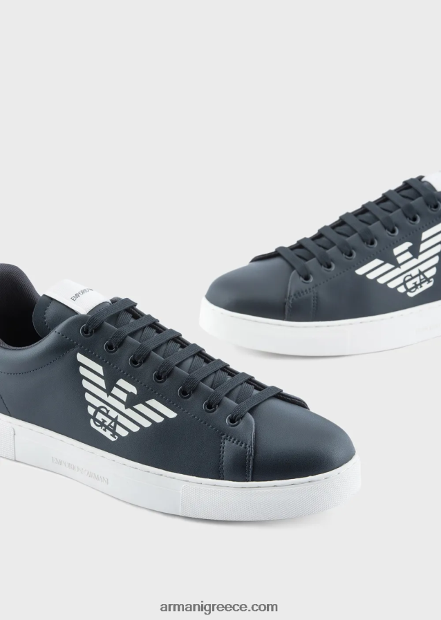 άνδρες Armani γυαλιστερά δερμάτινα sneakers με υπερμεγέθη λογότυπο αετού 4046R61879 άσπρο