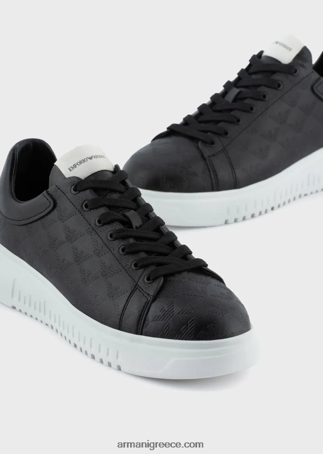 άνδρες Armani δερμάτινα sneakers με λογότυπο αετού σε όλη την επιφάνεια 4046R61904 μαύρος