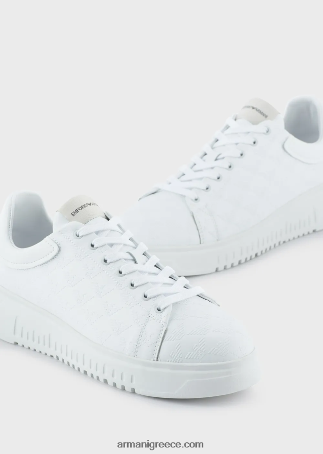 άνδρες Armani δερμάτινα sneakers με λογότυπο αετού σε όλη την επιφάνεια 4046R61905 άσπρο