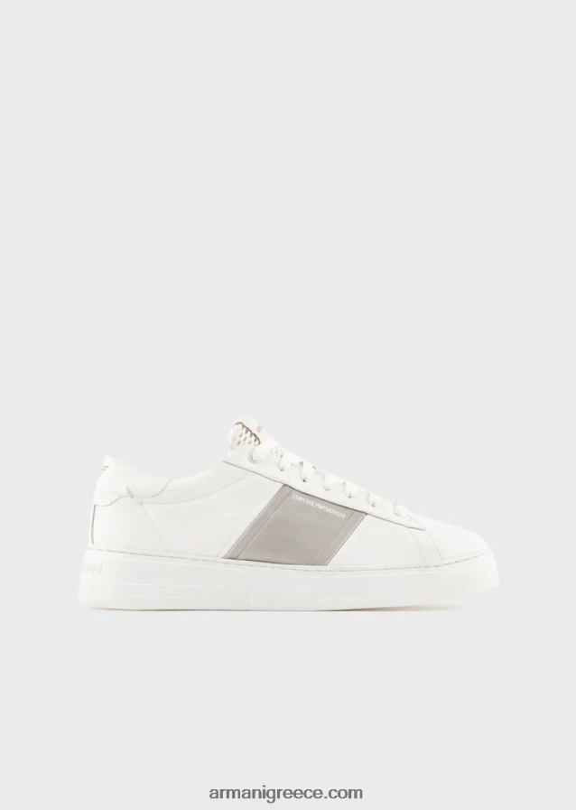 άνδρες Armani δερμάτινα sneakers με λεπτομέρεια σε αντίθεση 4046R61915 γαλακτώδες λευκό