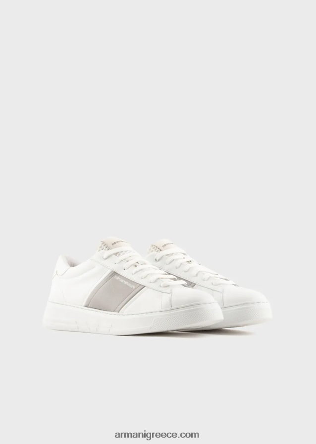 άνδρες Armani δερμάτινα sneakers με λεπτομέρεια σε αντίθεση 4046R61915 γαλακτώδες λευκό