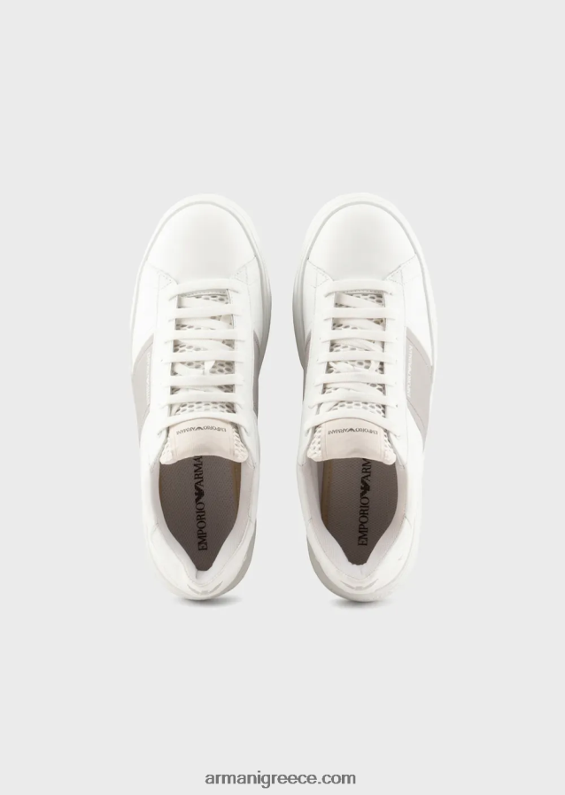 άνδρες Armani δερμάτινα sneakers με λεπτομέρεια σε αντίθεση 4046R61915 γαλακτώδες λευκό