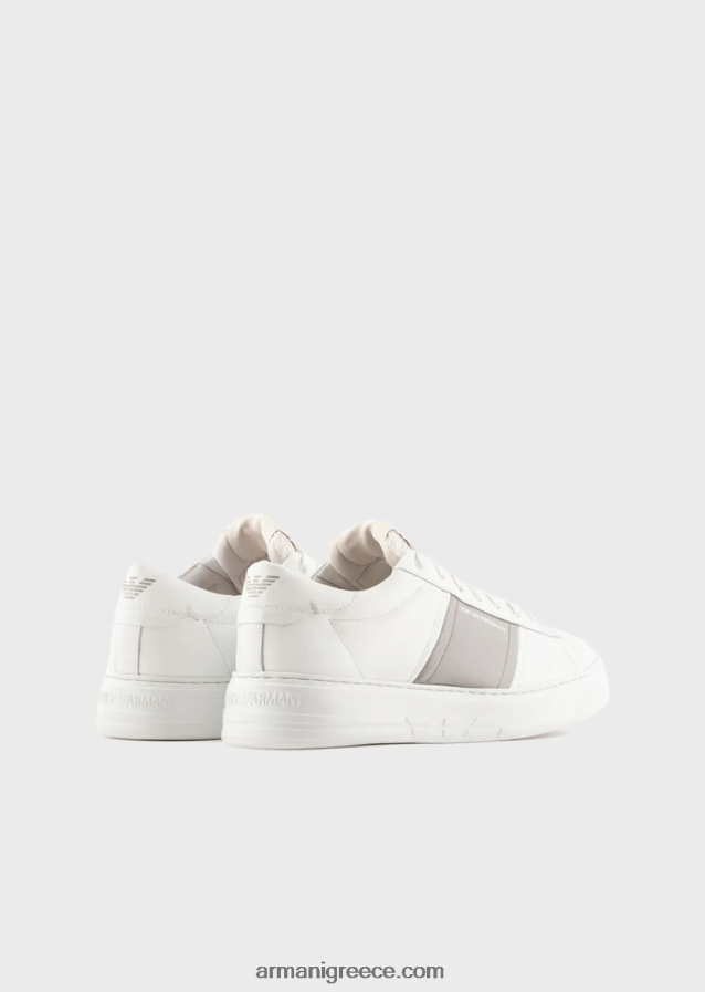 άνδρες Armani δερμάτινα sneakers με λεπτομέρεια σε αντίθεση 4046R61915 γαλακτώδες λευκό