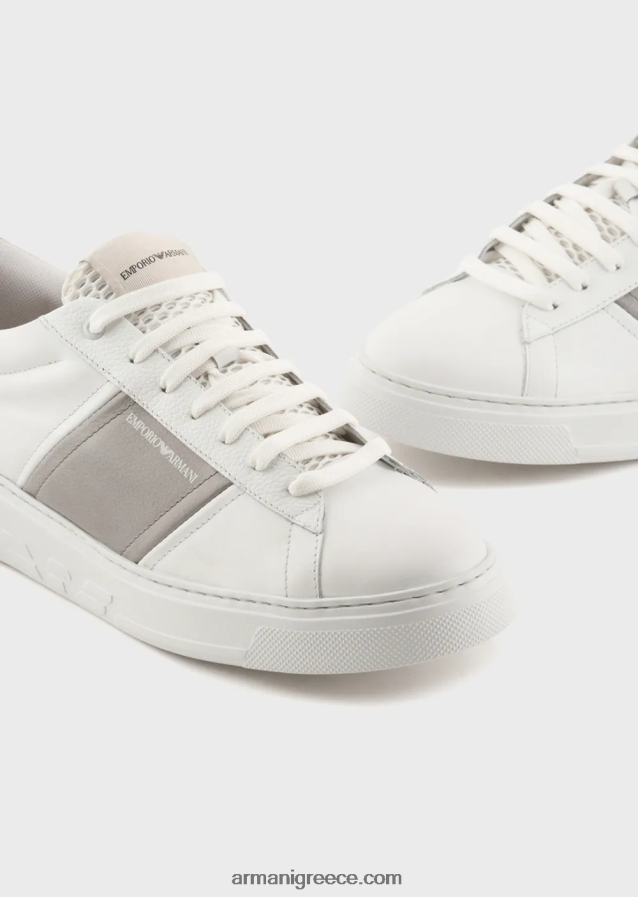 άνδρες Armani δερμάτινα sneakers με λεπτομέρεια σε αντίθεση 4046R61915 γαλακτώδες λευκό
