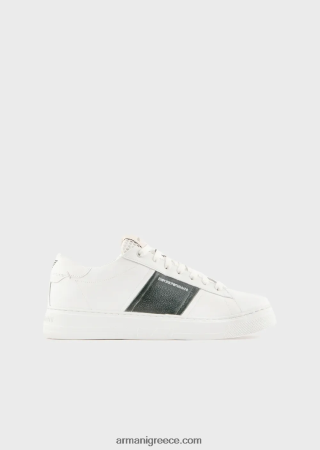 άνδρες Armani δερμάτινα sneakers με λεπτομέρεια σε αντίθεση 4046R61916 άσπρο