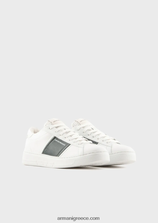 άνδρες Armani δερμάτινα sneakers με λεπτομέρεια σε αντίθεση 4046R61916 άσπρο