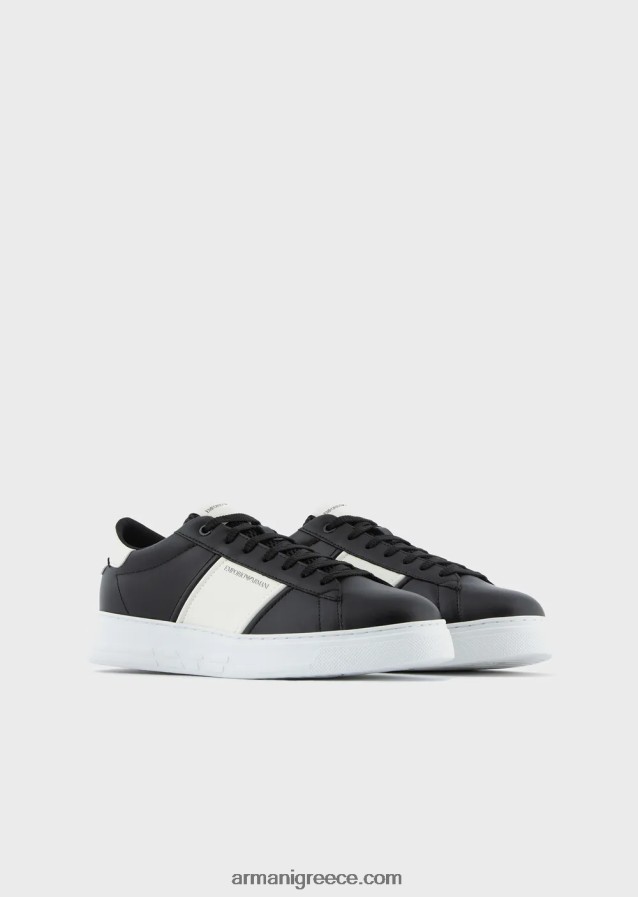 άνδρες Armani δερμάτινα sneakers με λεπτομέρειες από καουτσούκ 4046R61918 βαθύ μαύρο
