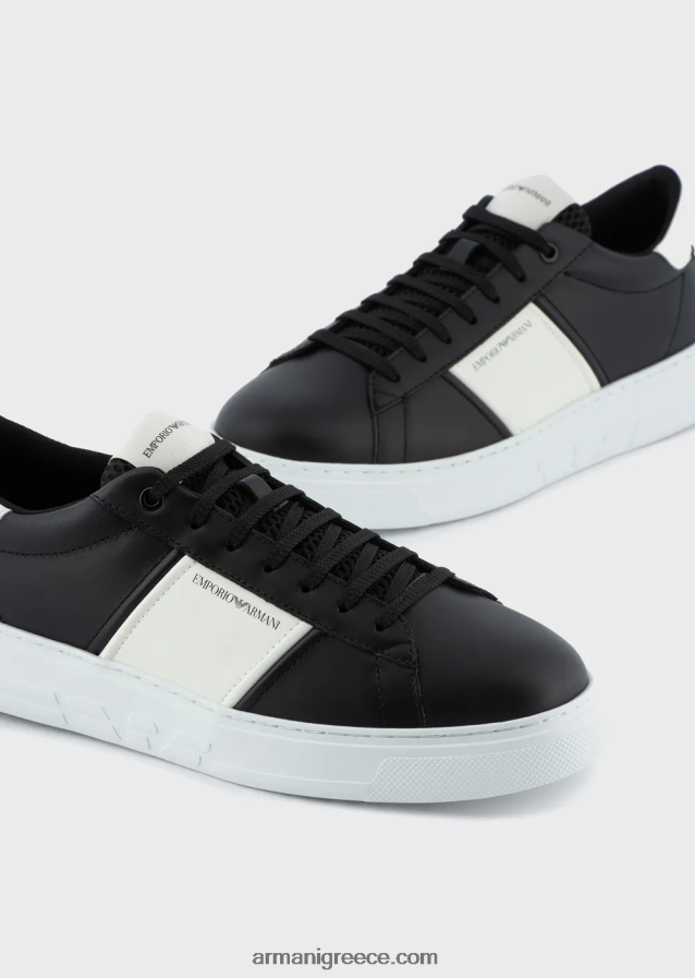 άνδρες Armani δερμάτινα sneakers με λεπτομέρειες από καουτσούκ 4046R61918 βαθύ μαύρο