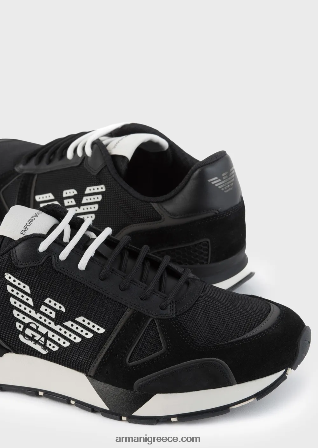 άνδρες Armani sneakers σουέτ με ένθετα από διχτυωτό nubuck και αετό στο πλάι 4046R61926 μαύρο λογότυπο