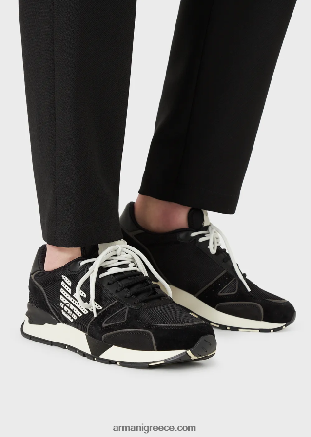 άνδρες Armani sneakers σουέτ με ένθετα από διχτυωτό nubuck και αετό στο πλάι 4046R61926 μαύρο λογότυπο