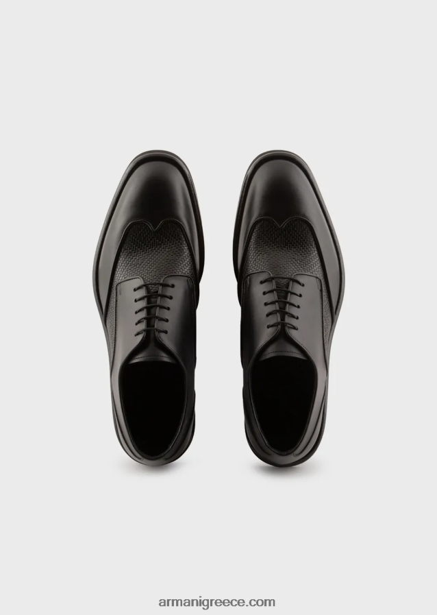 άνδρες Armani δερμάτινα ντέρμπι παπούτσια με λεπτομέρεια υφαντό 4046R61827 μαύρος