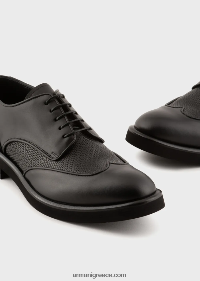 άνδρες Armani δερμάτινα ντέρμπι παπούτσια με λεπτομέρεια υφαντό 4046R61827 μαύρος