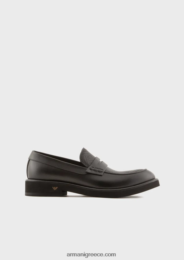 άνδρες Armani δερμάτινα loafers με υφαντό στάμπα λεπτομέρεια 4046R61847 μαύρος