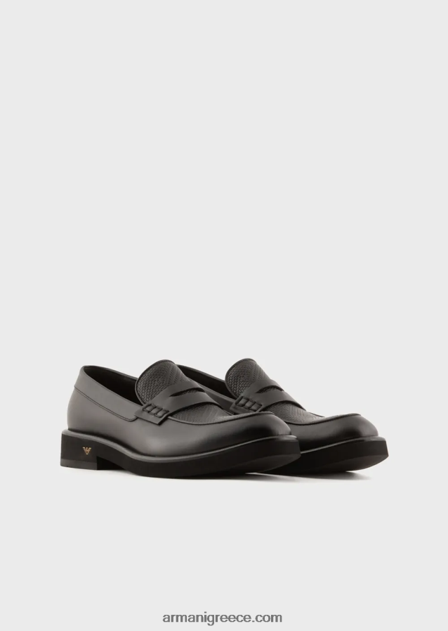 άνδρες Armani δερμάτινα loafers με υφαντό στάμπα λεπτομέρεια 4046R61847 μαύρος