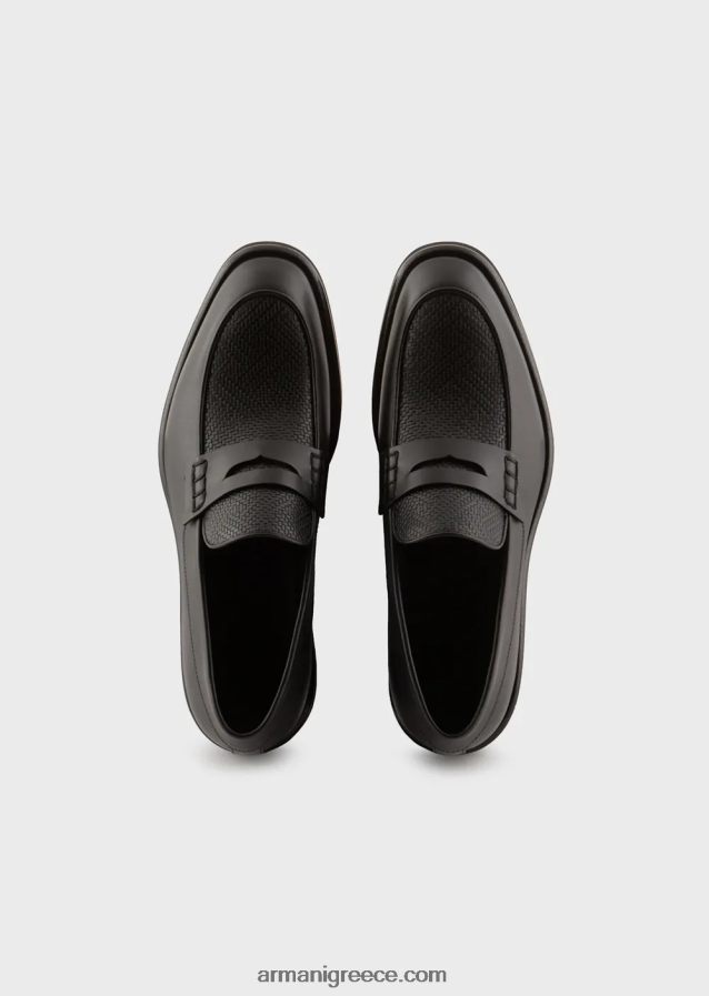 άνδρες Armani δερμάτινα loafers με υφαντό στάμπα λεπτομέρεια 4046R61847 μαύρος