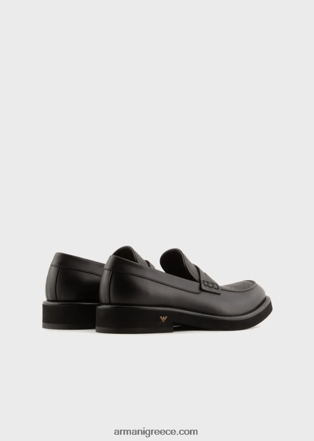 άνδρες Armani δερμάτινα loafers με υφαντό στάμπα λεπτομέρεια 4046R61847 μαύρος
