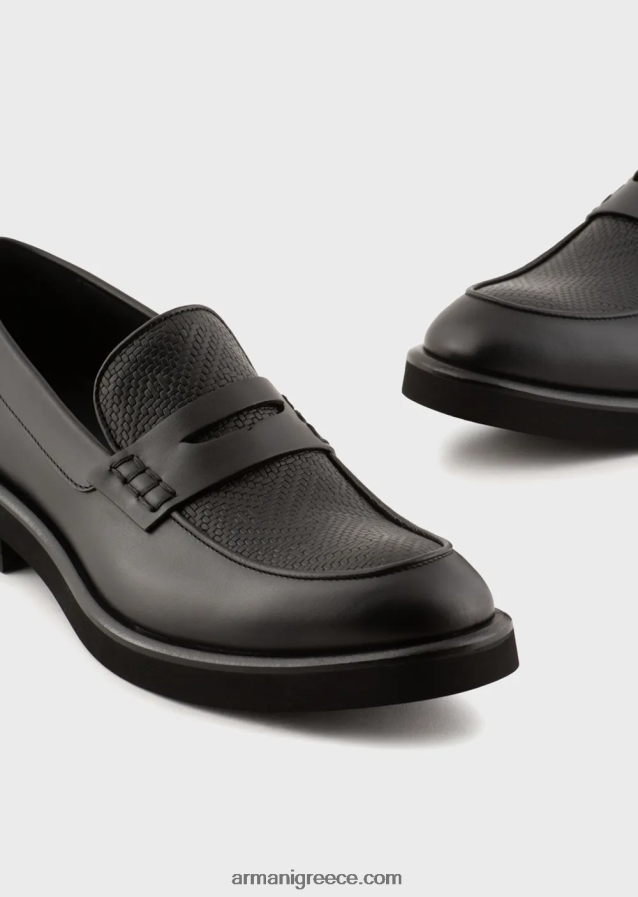 άνδρες Armani δερμάτινα loafers με υφαντό στάμπα λεπτομέρεια 4046R61847 μαύρος