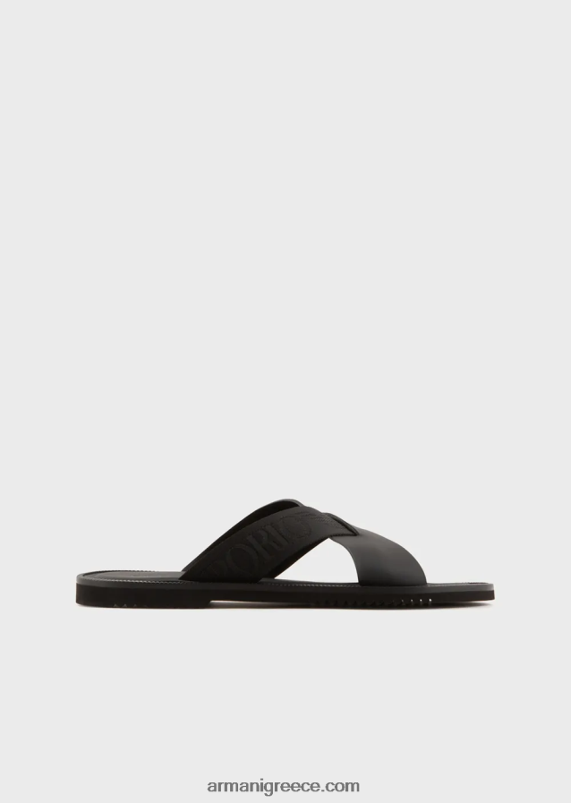 άνδρες Armani δερμάτινα σταυρωτά σανδάλια με ταινία λογότυπου 4046R61854 μαύρος