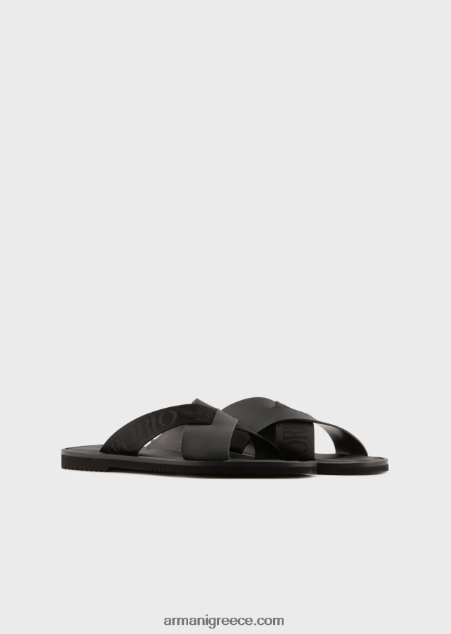 άνδρες Armani δερμάτινα σταυρωτά σανδάλια με ταινία λογότυπου 4046R61854 μαύρος
