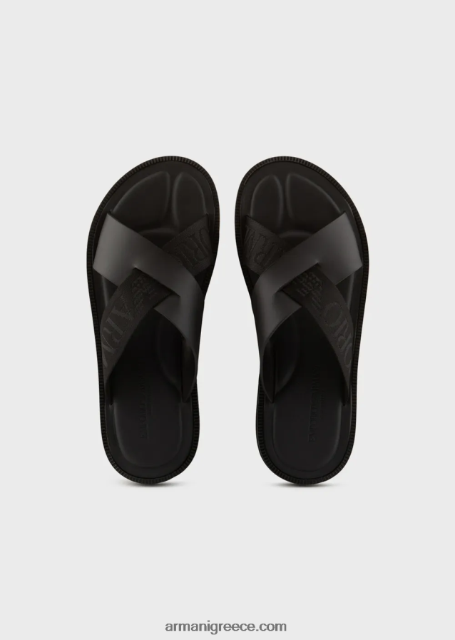 άνδρες Armani δερμάτινα σταυρωτά σανδάλια με ταινία λογότυπου 4046R61854 μαύρος