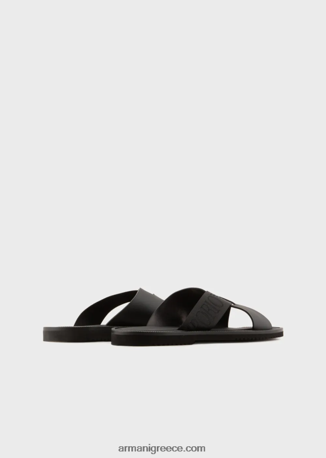 άνδρες Armani δερμάτινα σταυρωτά σανδάλια με ταινία λογότυπου 4046R61854 μαύρος
