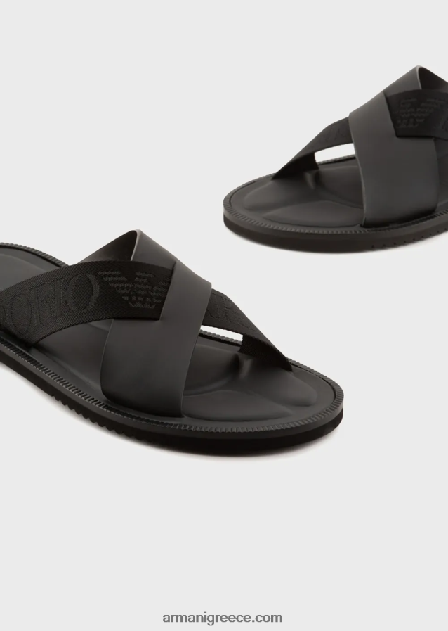 άνδρες Armani δερμάτινα σταυρωτά σανδάλια με ταινία λογότυπου 4046R61854 μαύρος