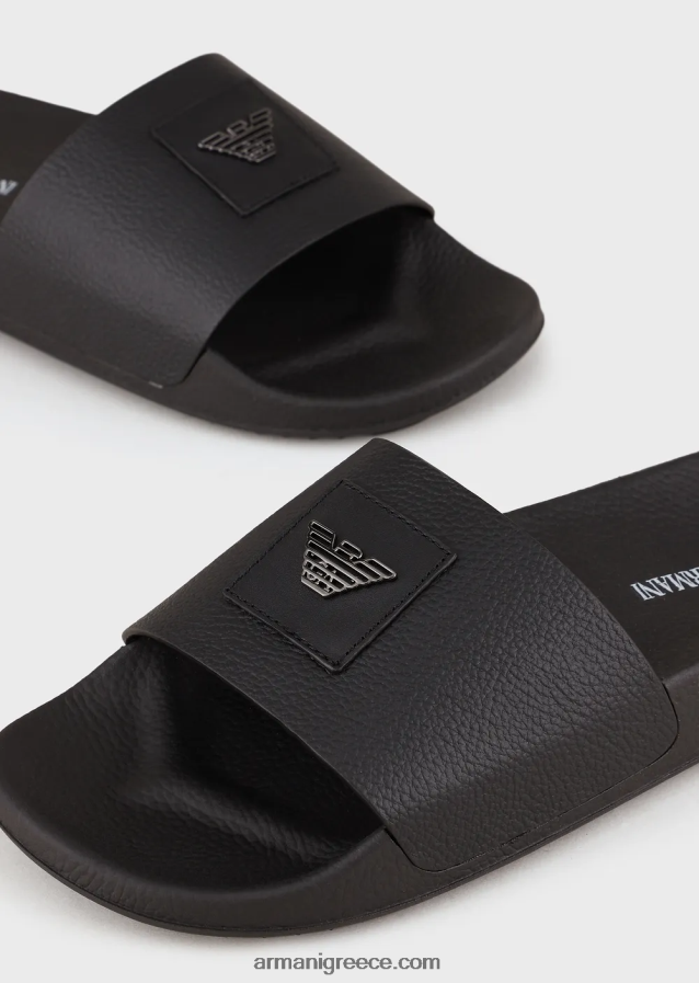 άνδρες Armani sliders από δέρμα με έμπλαστρο με λογότυπο 4046R61010 μαύρος