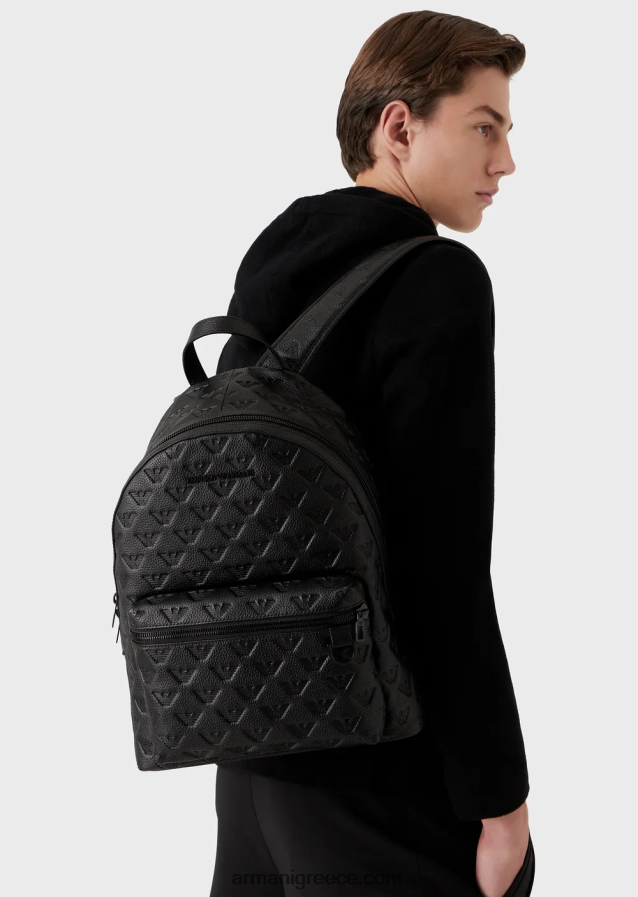 άνδρες Armani στρογγυλό δερμάτινο σακίδιο πλάτης με ανάγλυφο αετό 4046R61952