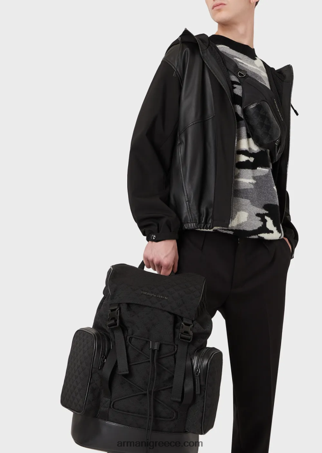άνδρες Armani νάιλον σακίδιο πεζοπορίας με ζακάρ αετό παντού 4046R61958 μαύρος