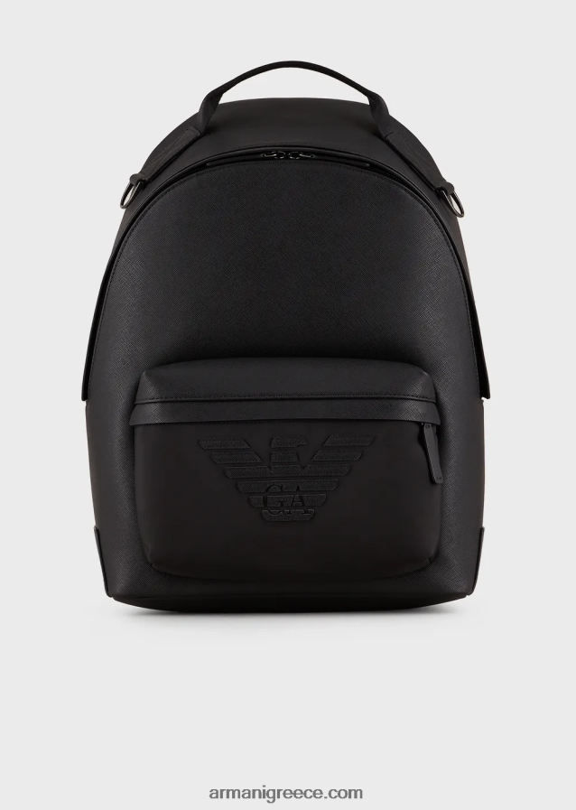 άνδρες Armani Στρογγυλό σακίδιο πλάτης με στάμπα saffiano, αναγεννημένο δέρμα 4046R61949 μαύρος