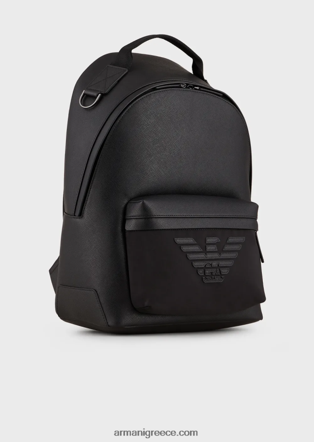 άνδρες Armani Στρογγυλό σακίδιο πλάτης με στάμπα saffiano, αναγεννημένο δέρμα 4046R61949 μαύρος