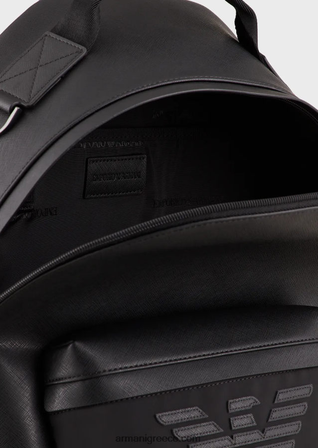 άνδρες Armani Στρογγυλό σακίδιο πλάτης με στάμπα saffiano, αναγεννημένο δέρμα 4046R61949 μαύρος