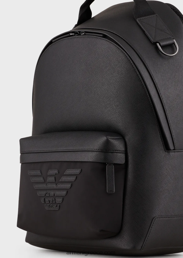 άνδρες Armani Στρογγυλό σακίδιο πλάτης με στάμπα saffiano, αναγεννημένο δέρμα 4046R61949 μαύρος