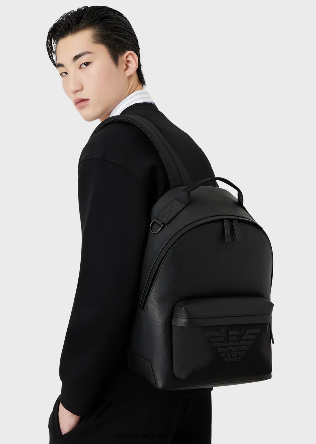 άνδρες Armani Στρογγυλό σακίδιο πλάτης με στάμπα saffiano, αναγεννημένο δέρμα 4046R61949 μαύρος