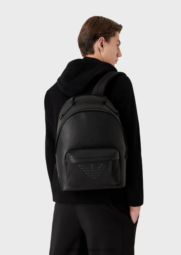 άνδρες Armani Στρογγυλό σακίδιο πλάτης με στάμπα saffiano, αναγεννημένο δέρμα 4046R61964