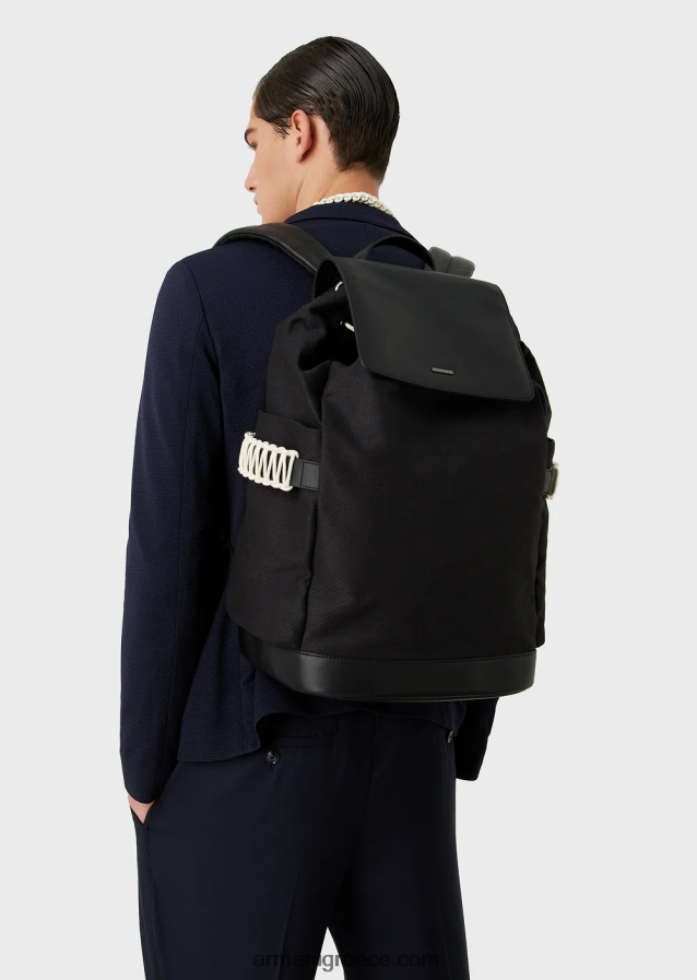 άνδρες Armani Σακίδιο πλάτης από ανακυκλωμένο twill με δερμάτινες λεπτομέρειες 4046R61946 μαύρος