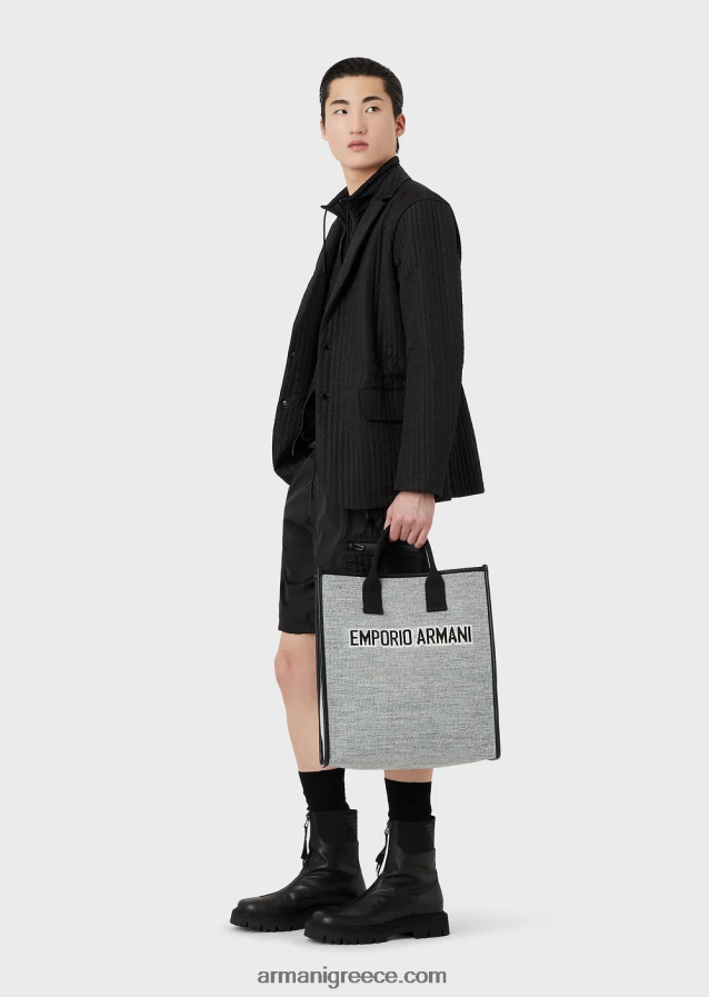 άνδρες Armani τσάντα shopper πλεκτή μελανζέ με λογότυπο ζακάρ 4046R61991 μαύρος