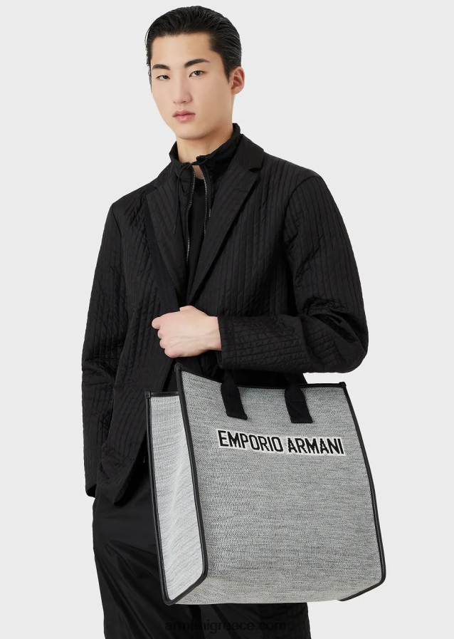 άνδρες Armani τσάντα shopper πλεκτή μελανζέ με λογότυπο ζακάρ 4046R61991 μαύρος