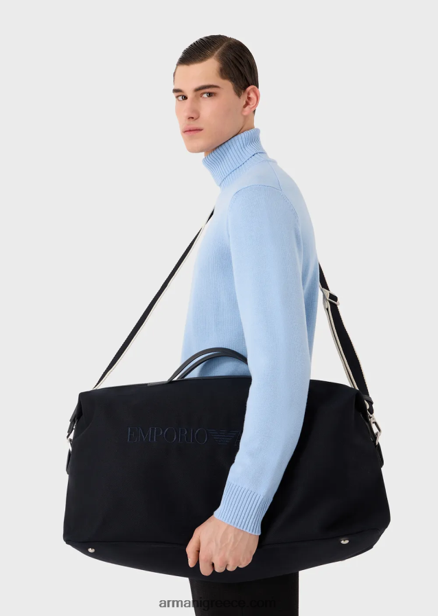 άνδρες Armani πάνινη τσάντα weekend με δερμάτινες λεπτομέρειες 4046R61993