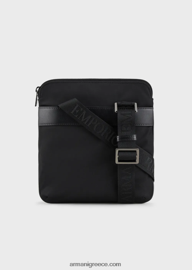 άνδρες Armani επίπεδη, ανακυκλωμένη νάιλον τσάντα ώμου 4046R61975 μαύρος