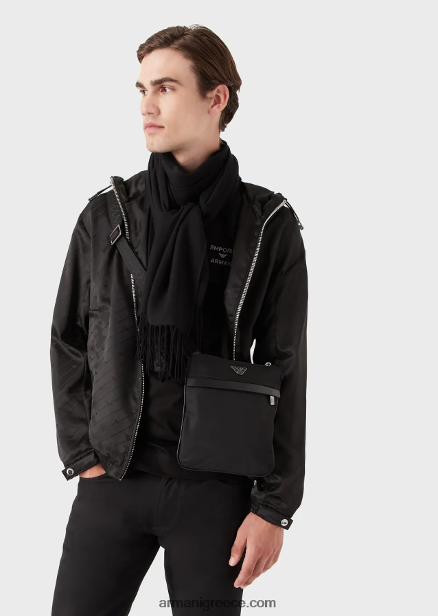 άνδρες Armani επίπεδη, ανακυκλωμένη νάιλον τσάντα ώμου 4046R61975 μαύρος