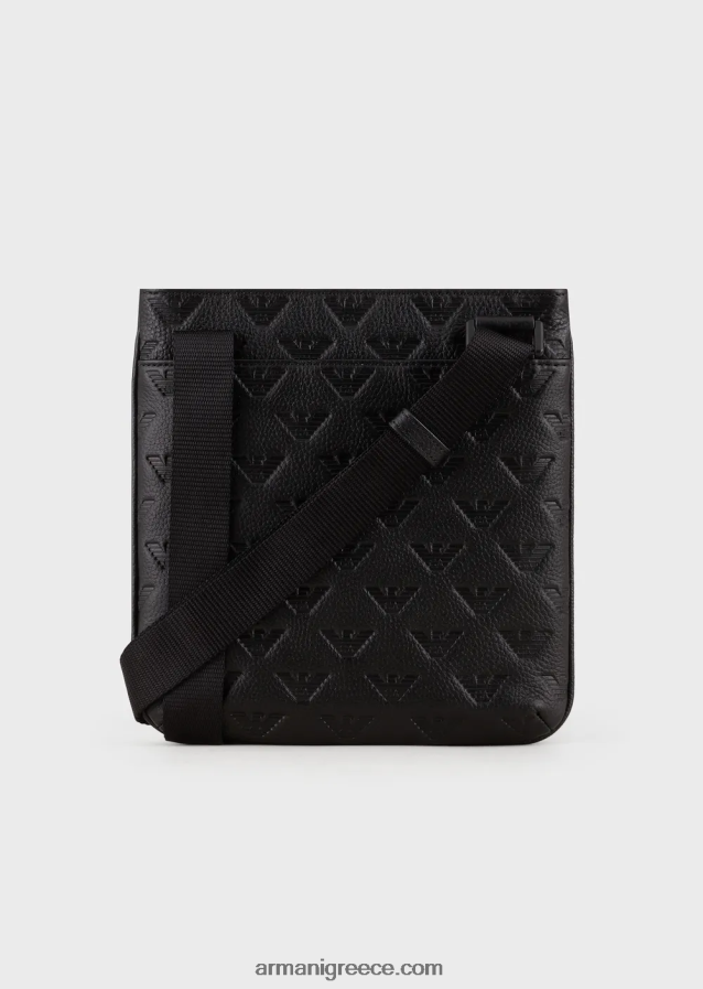 άνδρες Armani φλατ δερμάτινη τσάντα ώμου με ανάγλυφο αετό 4046R61976 μαύρος