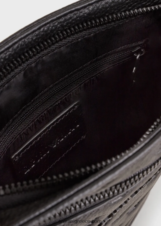 άνδρες Armani φλατ δερμάτινη τσάντα ώμου με ανάγλυφο αετό 4046R61976 μαύρος