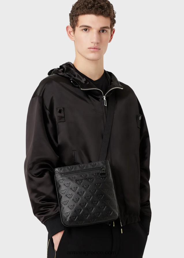 άνδρες Armani φλατ δερμάτινη τσάντα ώμου με ανάγλυφο αετό 4046R61976 μαύρος