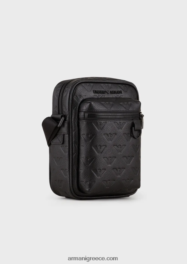 άνδρες Armani δερμάτινη τσάντα χιαστί με ανάγλυφο αετό 4046R61977 μαύρος