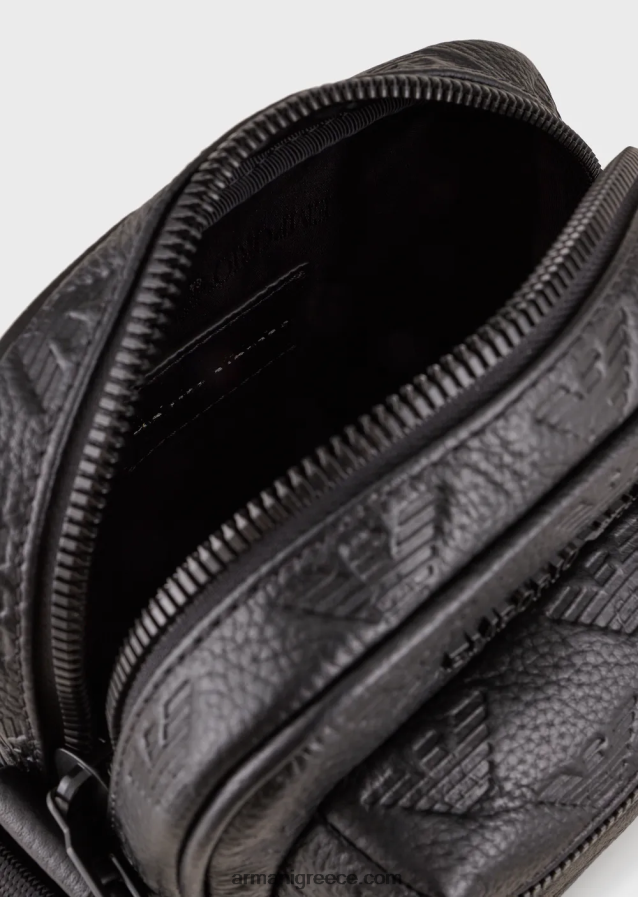 άνδρες Armani δερμάτινη τσάντα χιαστί με ανάγλυφο αετό 4046R61977 μαύρος