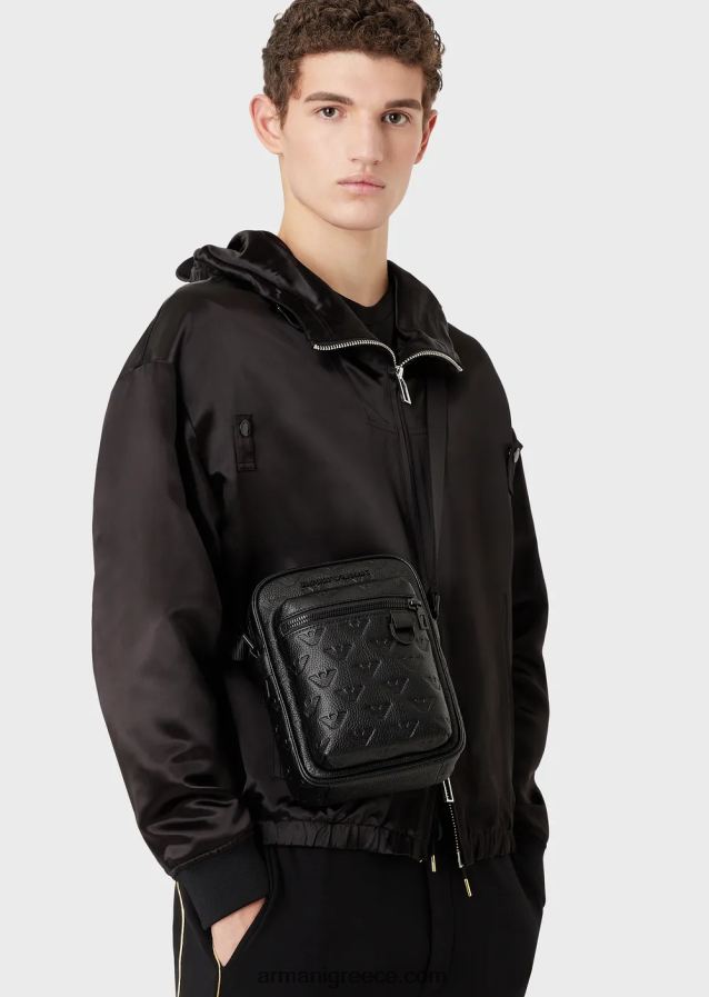 άνδρες Armani δερμάτινη τσάντα χιαστί με ανάγλυφο αετό 4046R61977 μαύρος