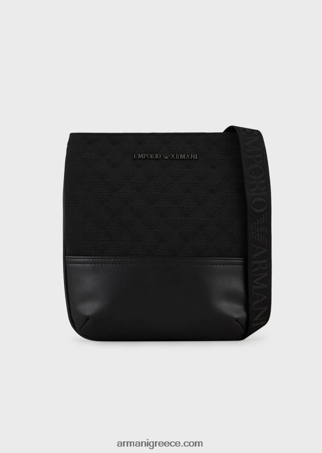 άνδρες Armani επίπεδη νάιλον τσάντα ώμου με αετό ζακάρ σε όλη την επιφάνεια 4046R61980 μαύρος