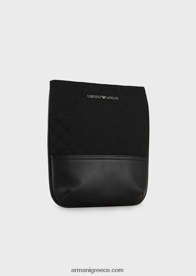 άνδρες Armani επίπεδη νάιλον τσάντα ώμου με αετό ζακάρ σε όλη την επιφάνεια 4046R61980 μαύρος