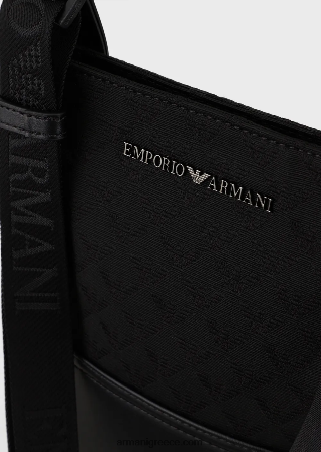 άνδρες Armani επίπεδη νάιλον τσάντα ώμου με αετό ζακάρ σε όλη την επιφάνεια 4046R61980 μαύρος